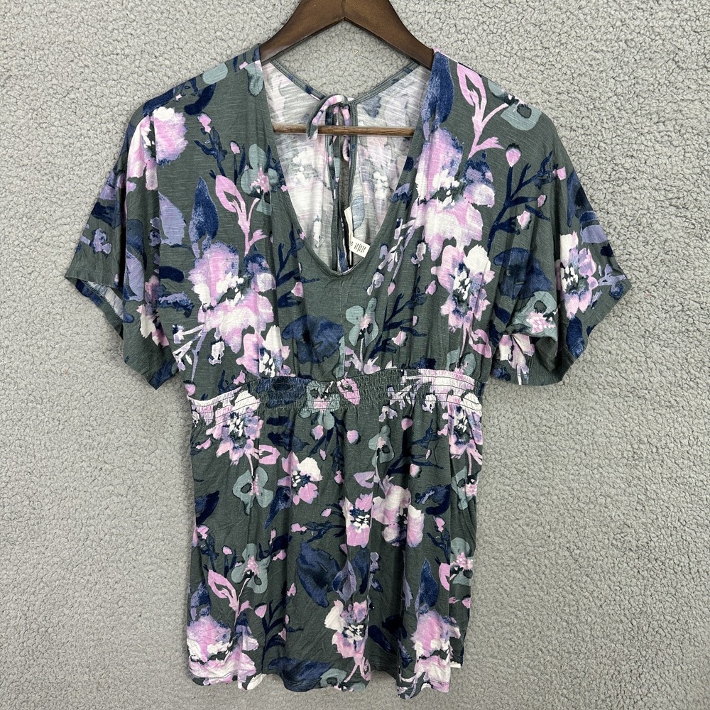 Jessica Simpson Maternity Top Women Small Gray Purple Floral Smocked V-Neck Boho
